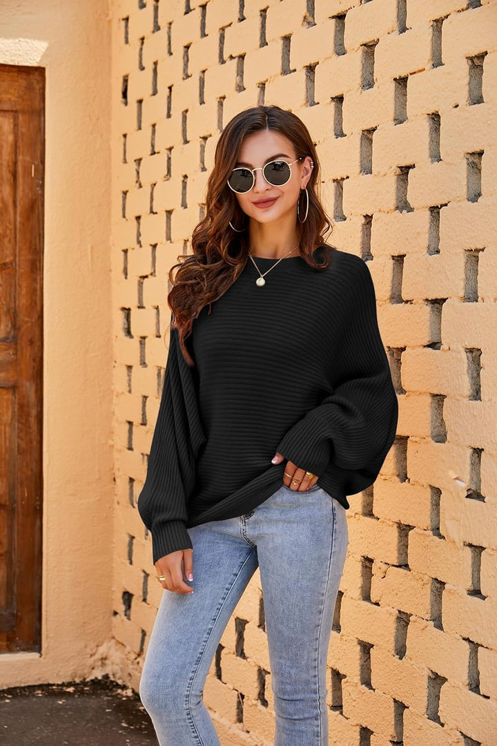 Fessceruna Damen Pullover Oversize Fledermausärmel Strickpullover Winter Rundhals Pulli Geripptes Sw
