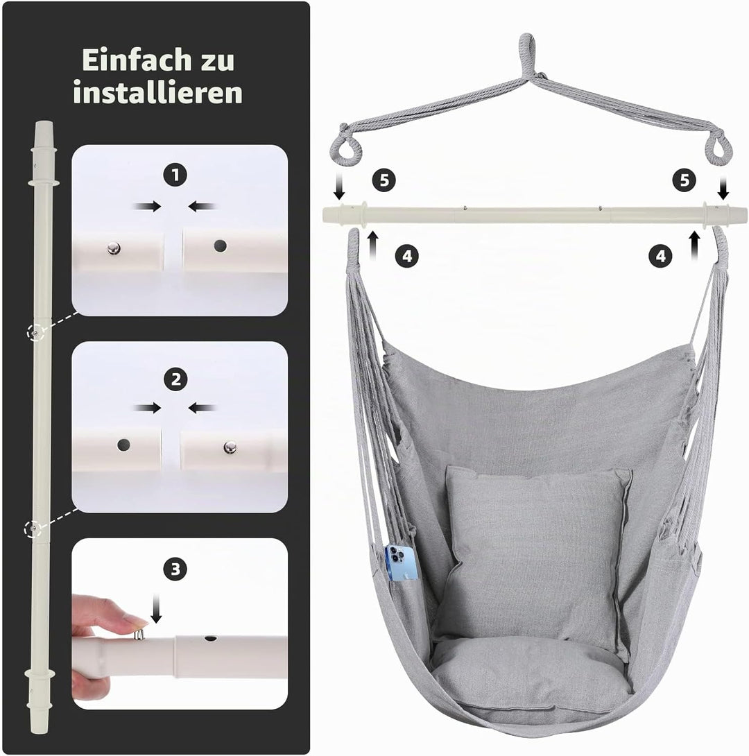 Goutime Schaukel Stuhl Grosse Hängematte Stuhl Weiche Baumwolle mit 2 Sitzkissen Kissen mit Tragetas