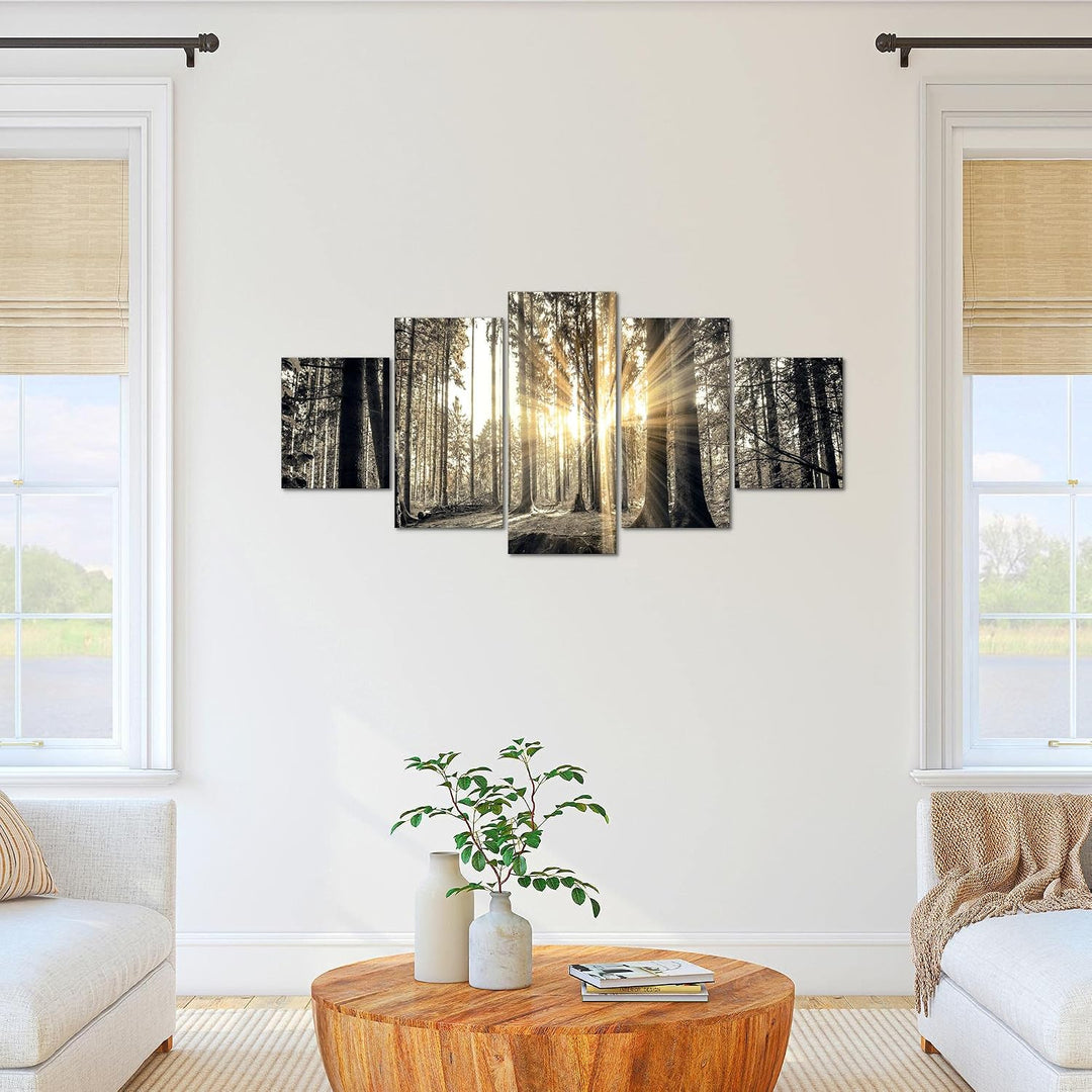 Runa Art Bild Schlafzimmer Wohnzimmer Wald Landschaft 5 Teilig Sonne Grau Braun Wandbilder auf Vlies