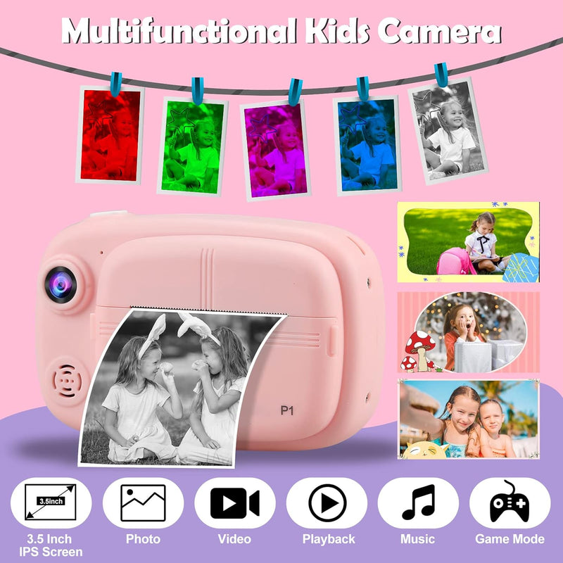 Misilmp Sofortbildkamera Kinder, Digital Kinderkamera 3.5" Zero-Ink-Druckpapier und 32GB TF-Karte,10