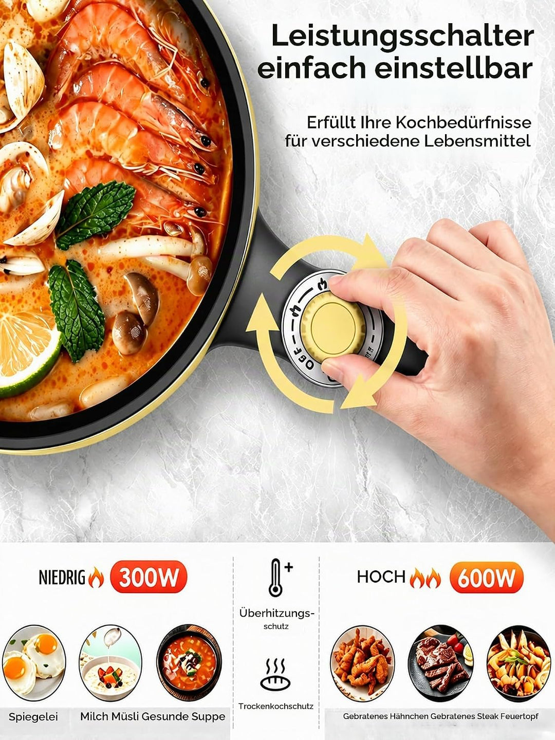 Audecook Elektrische Bratpfanne, Hot Pot Topf 20cm, Antihaft Mini elektropfanne mit Dampfgarer, Mult