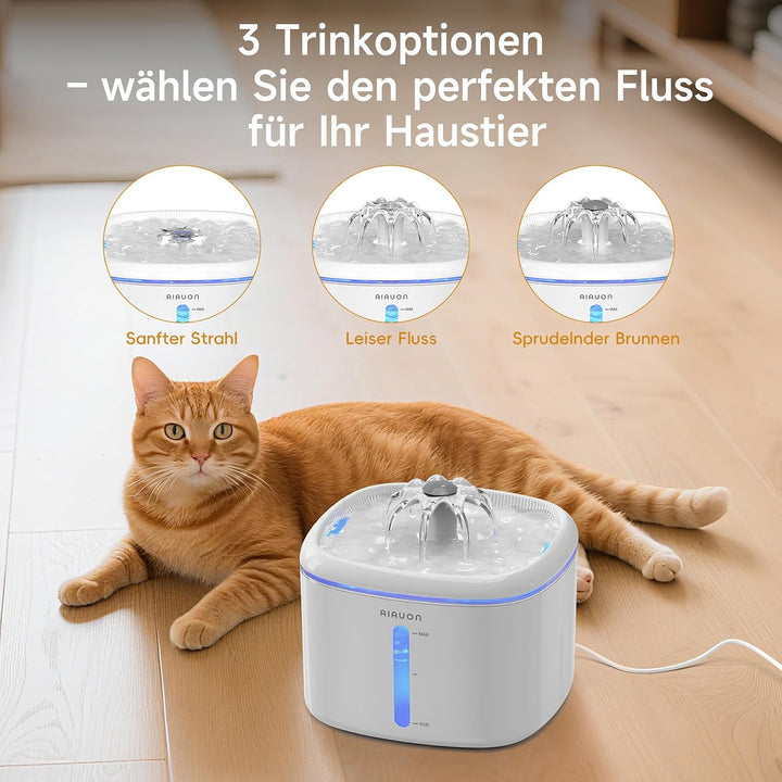 Trinkbrunnen für Katze, 2,5L Katzenbrunnen Leise mit 2 Ersatzfiltern und LED-Wasserstandsfenster für