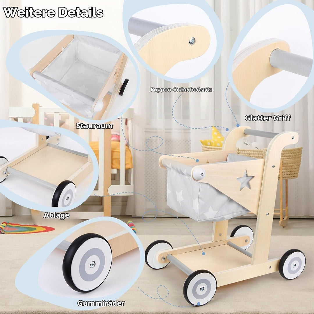 Asweets 2-in-1 Lauflernwagen Holz, Puppenwagen zum Schieben und Ziehen, Baby Walker, Kleinkindspielz