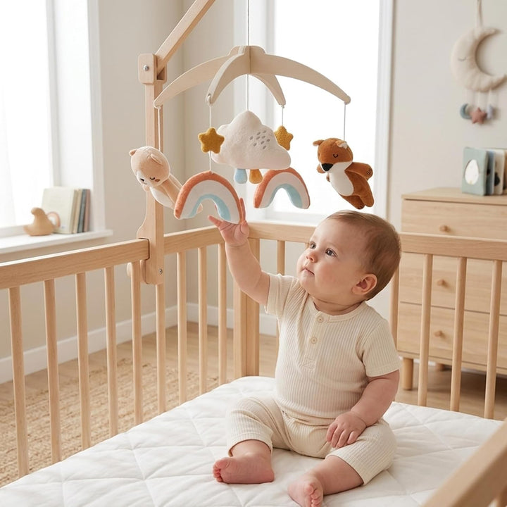 Baby Mobile Holz für Babybett, Regenbogen Wolke mit Plüsch Bär, Fuchs Mobile Baby, Mobile Baby Winds