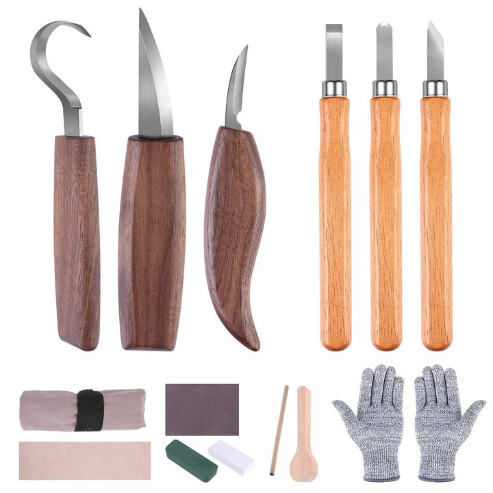 Holz Schnitzwerkzeug Set - 14 STK Schnitzmesser Holz Schnitzen Set mit Schleifstein für Erwachsene K