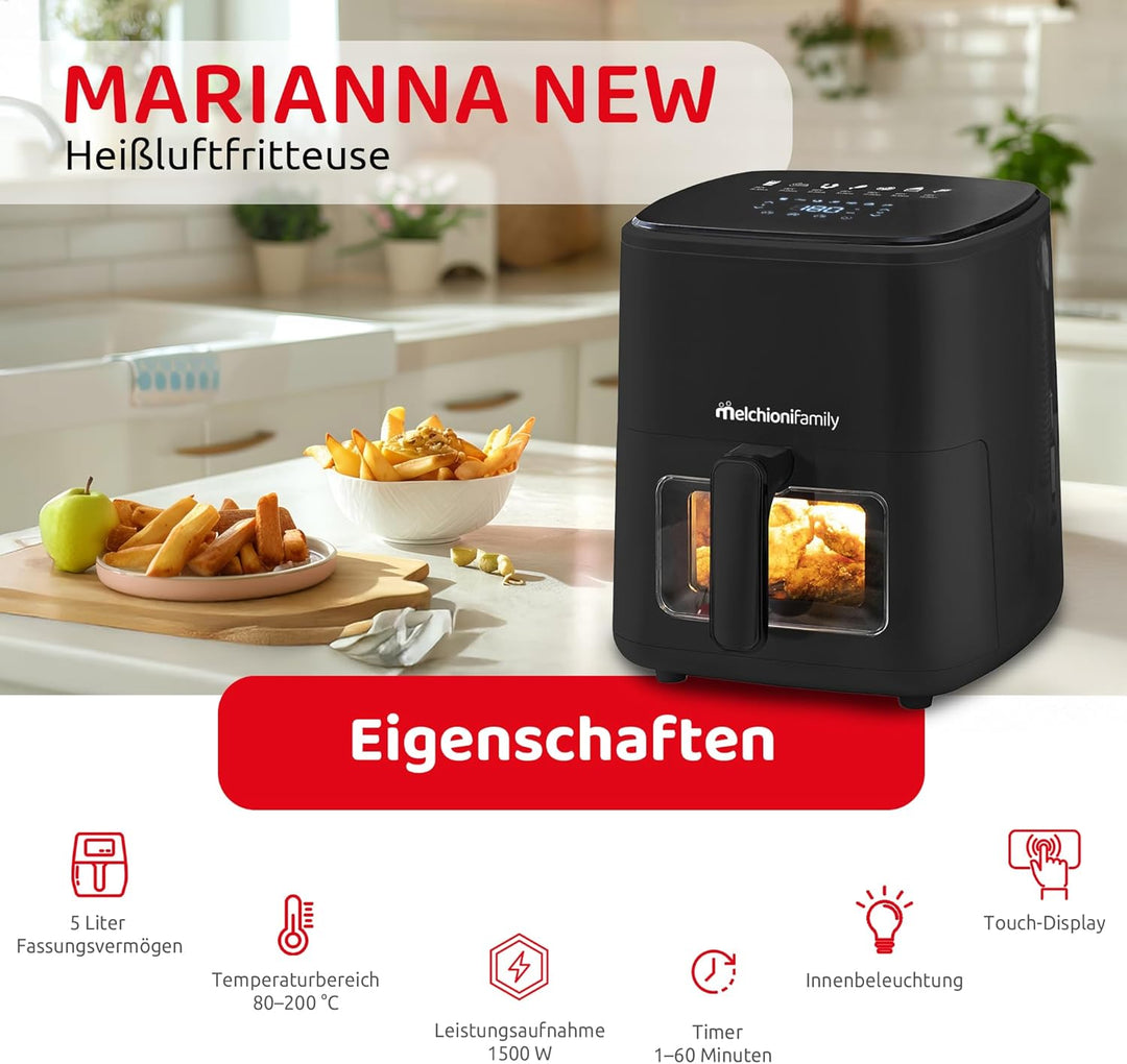 Melchioni Family | Marianna New, Luftfritteuse 5 l, kompakt, Touch-Display, 7 Programme, antihaftbes