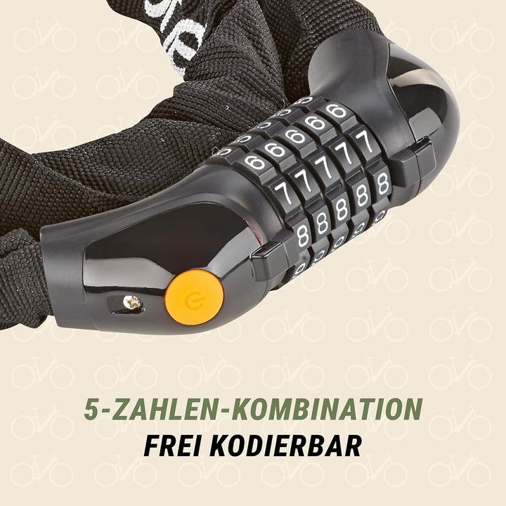 Prophete Fahrradschloss, Zahlen-Kettenschloss, 5-facher Code, Länge 120 cm, Farbe schwarz