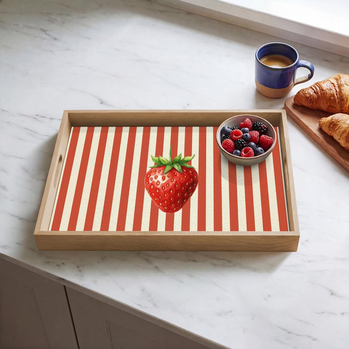 Holztablett Küchentablett Servier Tablett Eiche Serviertablett Erdbeere - Streifen 50 x 35 x 5 cm, E