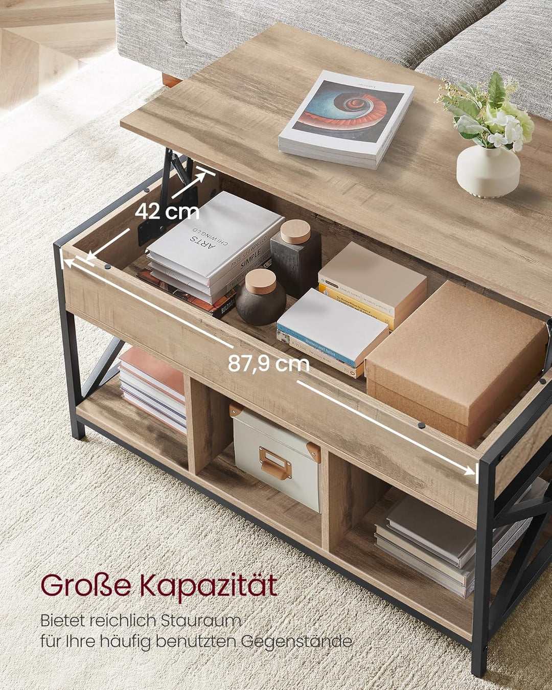 VASAGLE Couchtisch, höhenverstellbarer Wohnzimmertisch, Kaffeetisch, mit 1 verstecktem Fach und 3 of