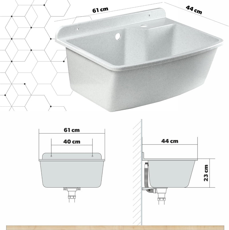 GOSPO Ausgussbecken mit stehende Armatur, Waschbecken 61 cm x 44 cm x 23,5 cm, Waschtrog mit Überlau