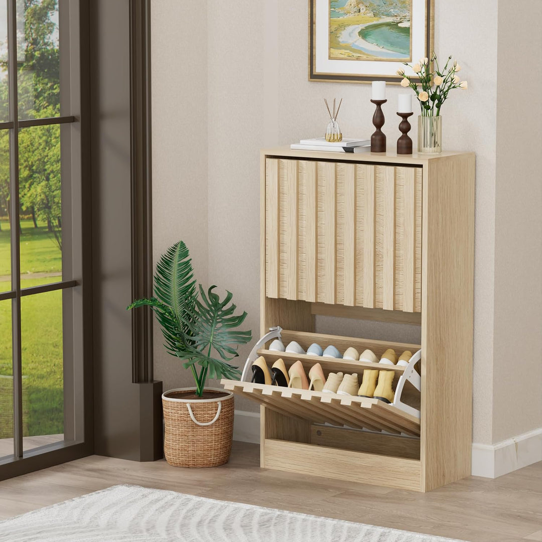 UEV Schuhschrank mit 2 Klappen Holz Schmal Schuhkipper Schuhkommode mit Kippschutz, Schuhaufbewahrun