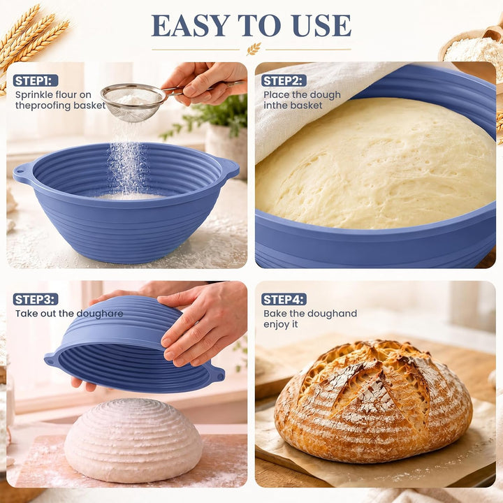 2 Stück Silikon Gärkörbchen für Brot, 29 cm Oval und 25 cm Rund, Eingebauter Verstärkter Stahlfelgen