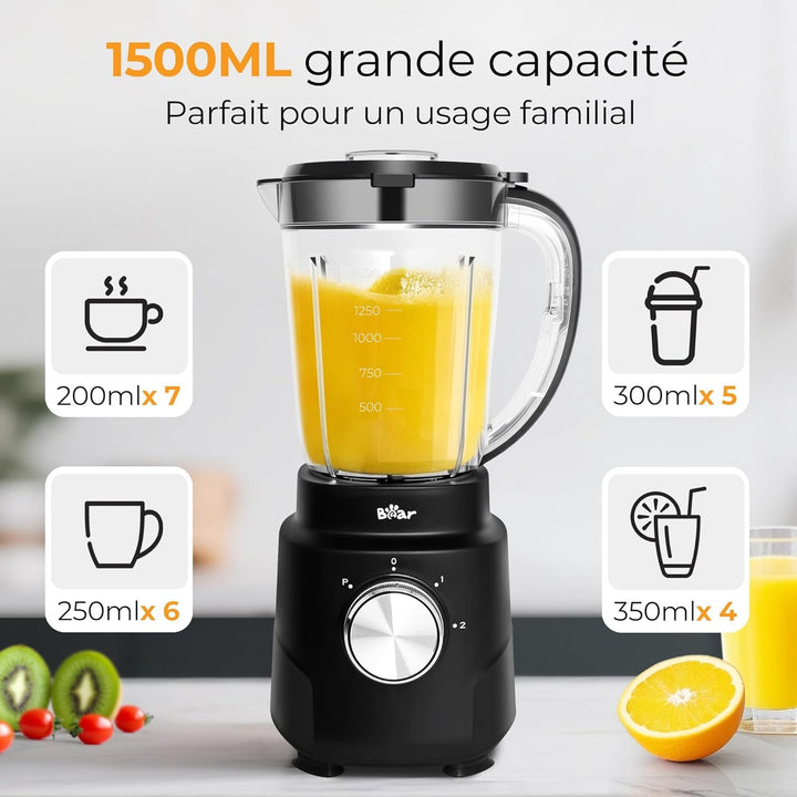 Bear Mixer Smoothie Maker 700W, Hochleistungsmixer mit 1500ml Mixbecher, 2 Geschwindigkeiten & Pulse