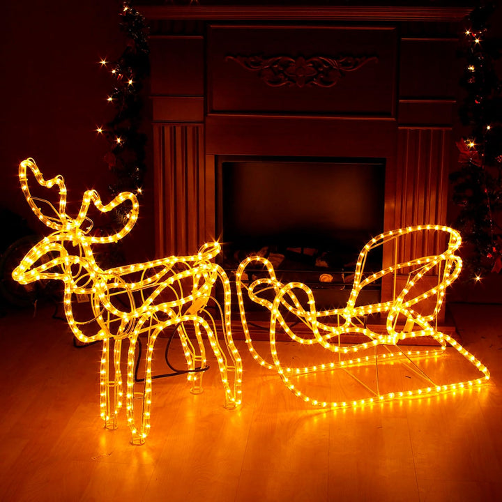 Rentier mit Schlitten aus 14 m Lichterschlauch 504 Birnen Figur Weihnachtsbeleuchtung 140 cm Länge L