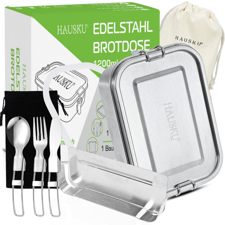 Brotdose Edelstahl 1200 ml – Auslaufsicher dank Silikondichtung – Lunchbox mit beweglicher Trennwand