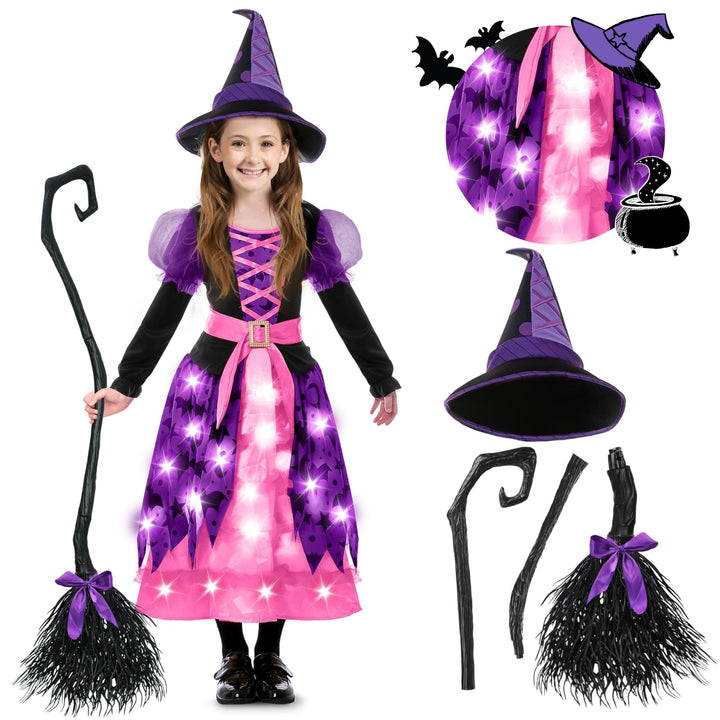 Hexenkostüm für Mädchen, rosa Druck Hexerkostüm, Light-up Hexen Halloween Kostüm Kleid UP, Rosa