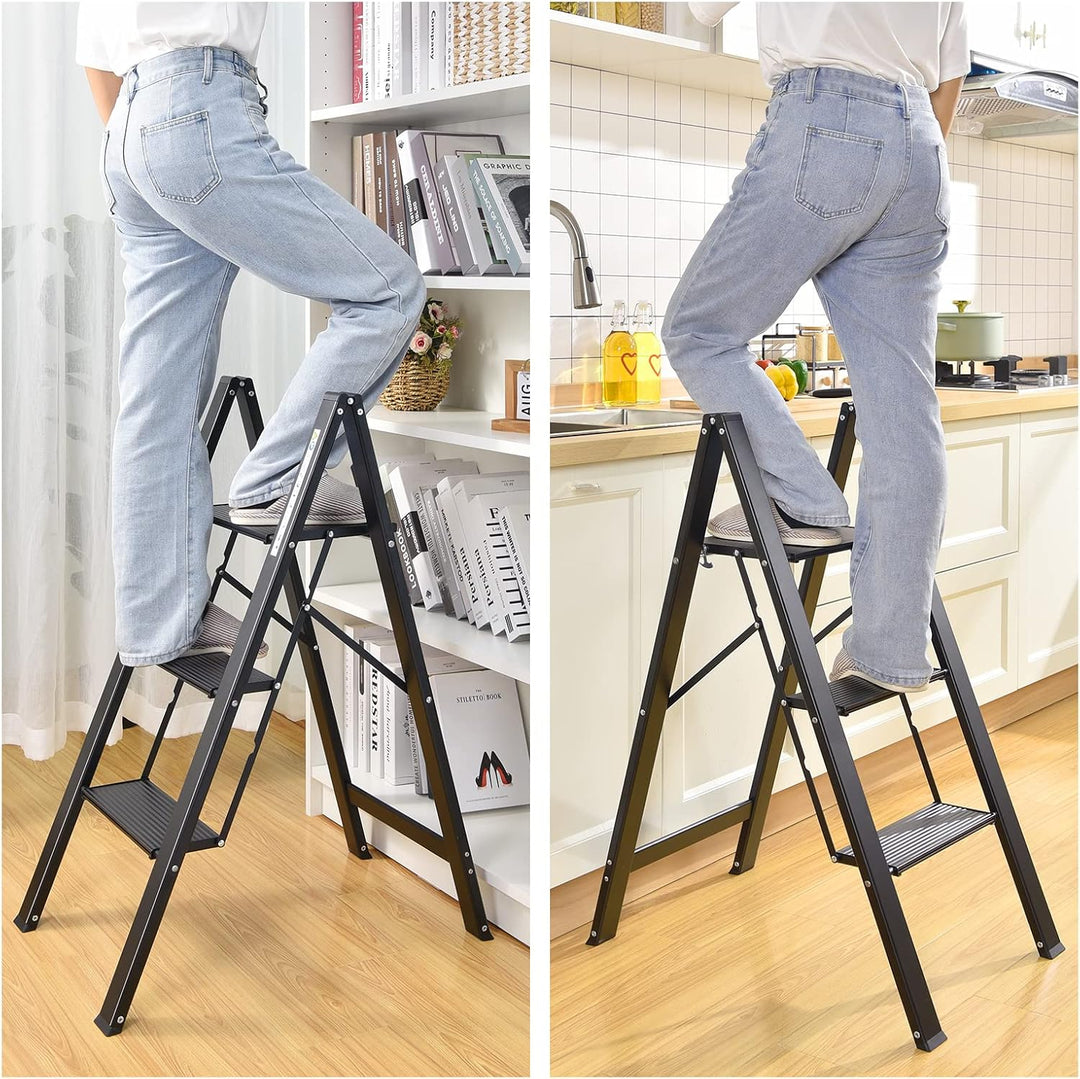 KINGRACK Stufenleiter, Trittleiter 3 Stufen, Klapptrittleiter mit Handlauf, rutschfeste Haushaltslei