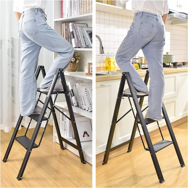 KINGRACK Stufenleiter, Trittleiter 3 Stufen, Klapptrittleiter mit Handlauf, rutschfeste Haushaltslei