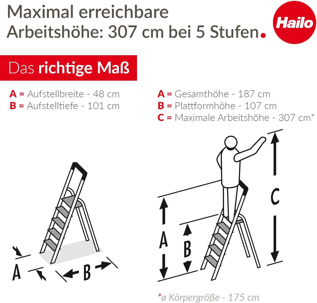 Hailo L85 ComfortLine Alu-Sicherheits-Stehleiter | 5 XXL-Stufen belastbar bis 150 kg | tiefe Standfl