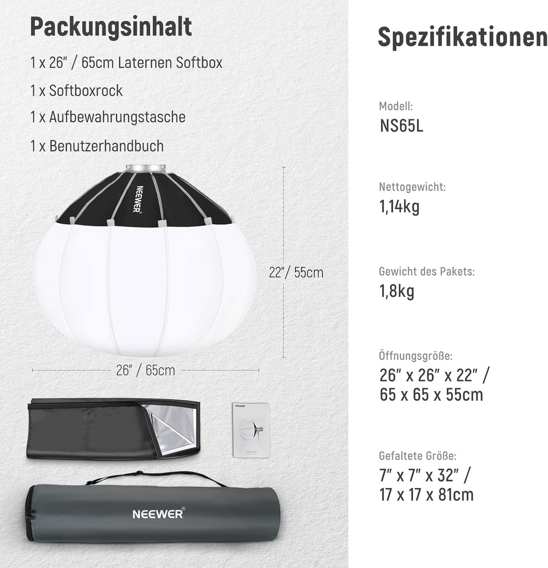 NEEWER 65cm Laternen Softbox mit ein Schritt Schnellwechsel,360°Lichtdiffusor mit Schürze,Bowens Mou