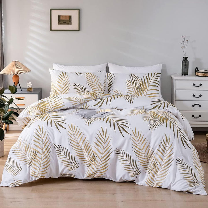 Nayoroom Bettwäsche 200x200 Weiss Gold Blätter Muster Bettbezug 3 Teilig Microfaser Botanisch Palmen