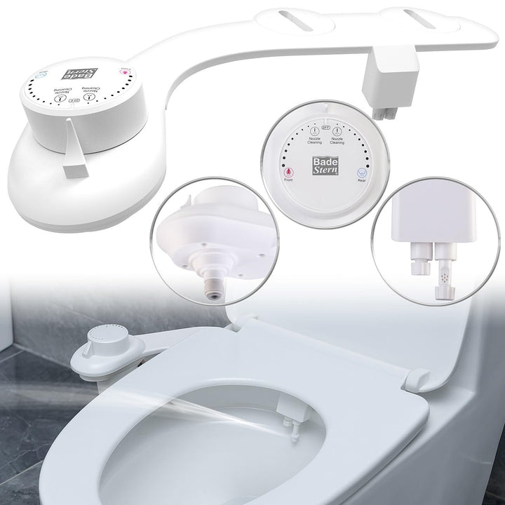 BadeStern Dusch WC Bidet Toilette: Bidet-Toilettenaufsatz mit 2 Düsen, Ausfahrautomatik, selbstreini