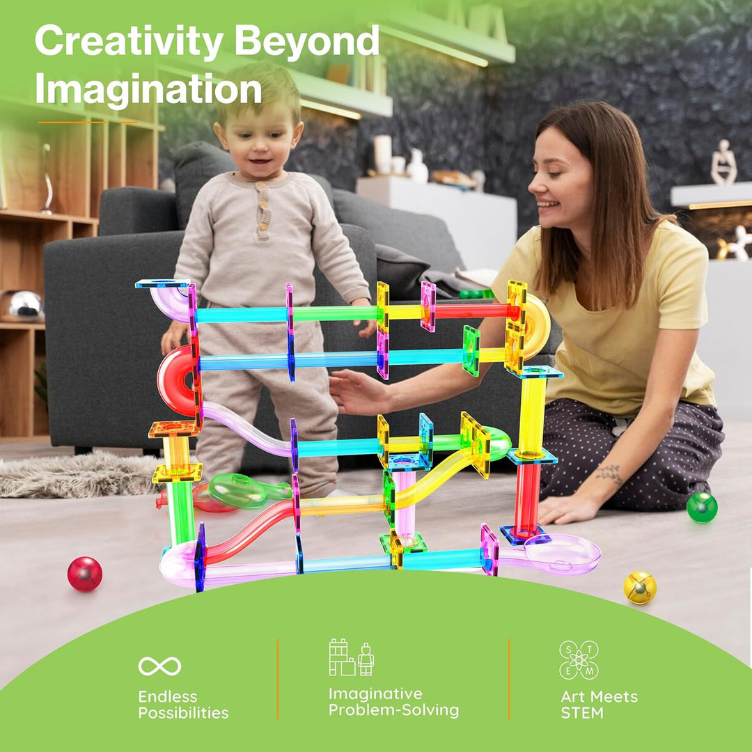 PicassoTiles Marble Run 120 Piece Magnetic Building Blocks Magnet Tile Construction Toy Playset STEM