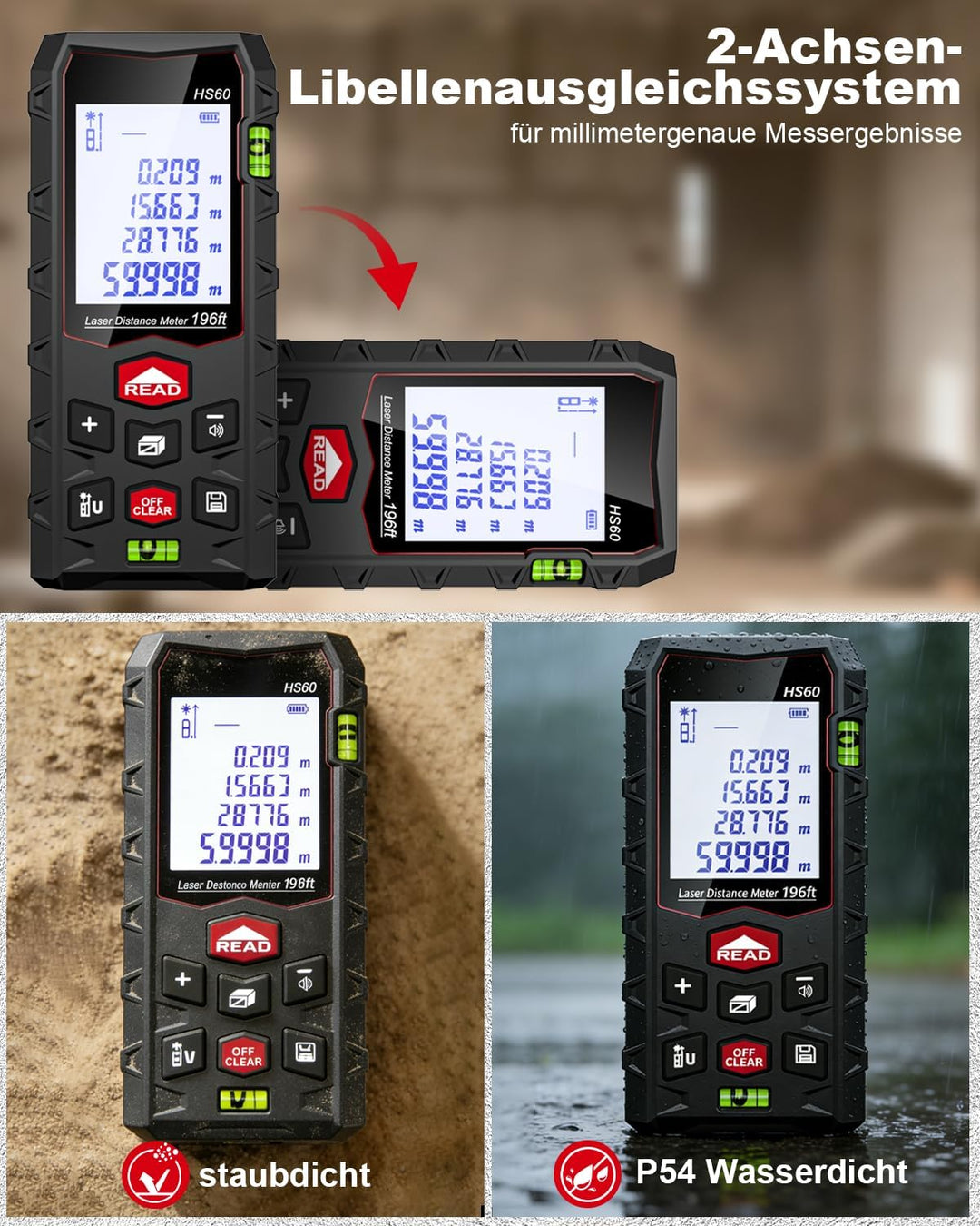 Laser Entfernungsmesser Messgerät für räume - 60M Dual-Level IP54 Wasserdicht, Entfernungs-/Flächen-