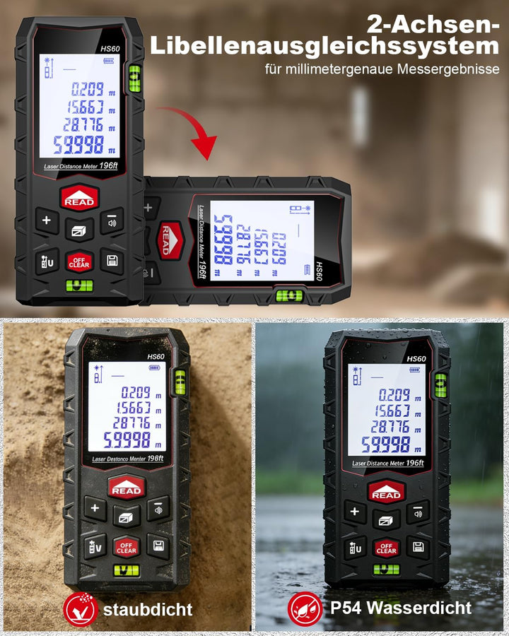 Laser Entfernungsmesser Messgerät für räume - 60M Dual-Level IP54 Wasserdicht, Entfernungs-/Flächen-