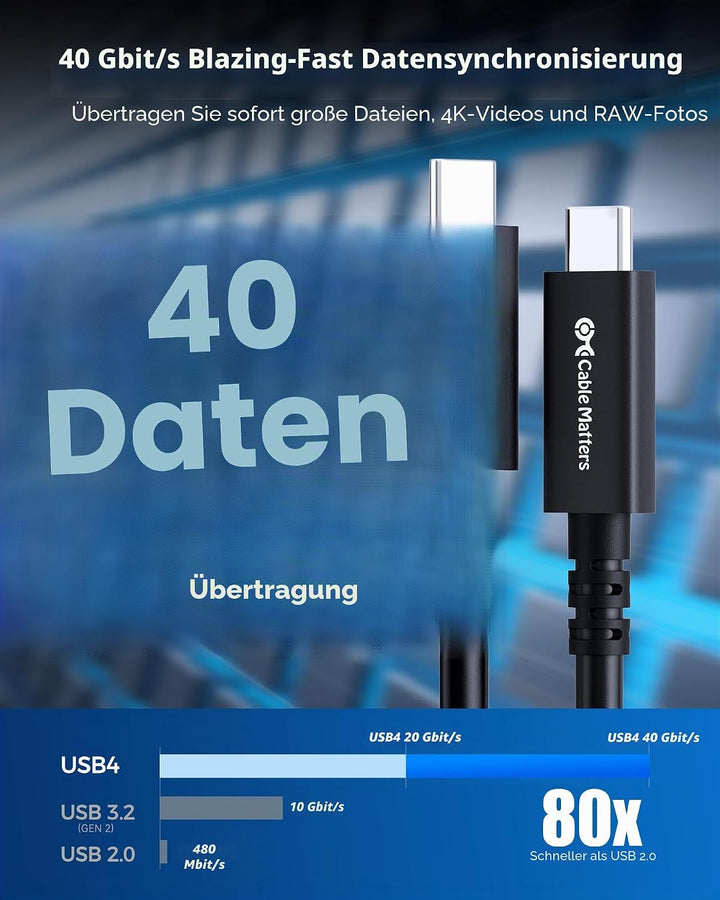 Cable Matters 40Gbps Active USB4 kabel 3 m, mit 8K Video & 100 W Ladeleistung, Kompatibel mit Thunde