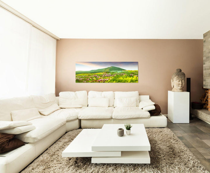 Paul Sinus Art Panoramabild auf Leinwand und Keilrahmen 150x50cm Wiese Blumen Berge Frühling Natur