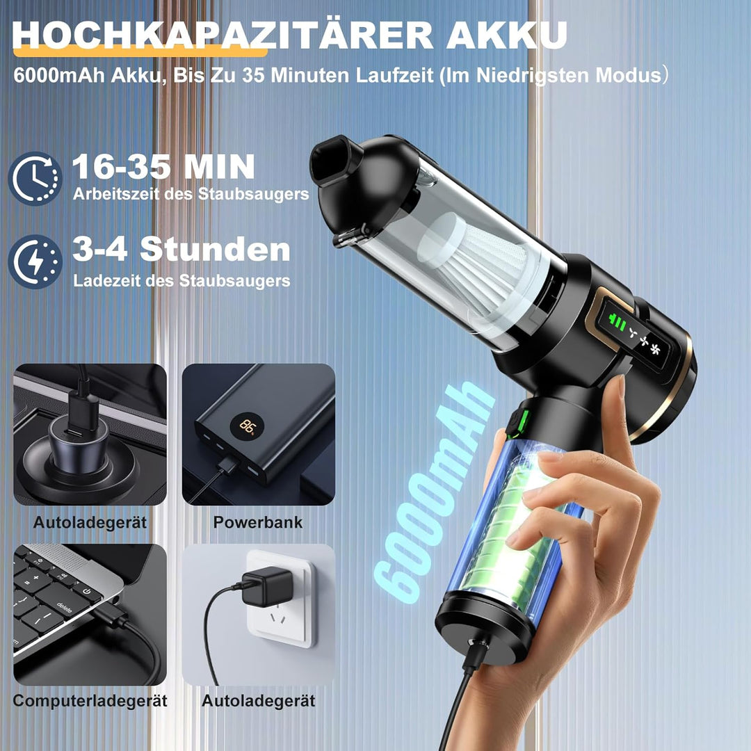 Handstaubsauger Akku 4-in-1 mit LCD Display, Auto Staubsauger Stark 25000PA Kabellos, 3-Stufen 22000