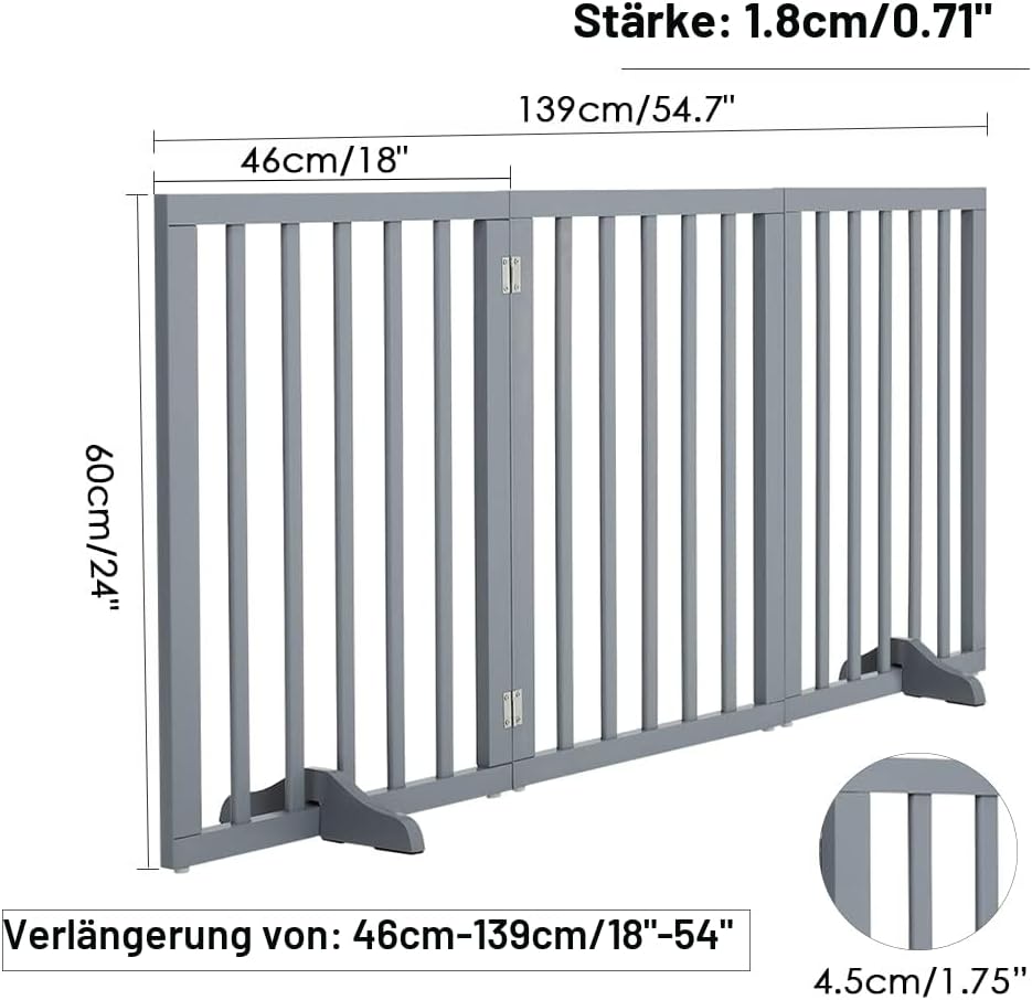 The Fellie Freistehendes Schutzgitter mit Füssen，Absperrgitter Hund, Kindergitter Klappbar, Holz Hun