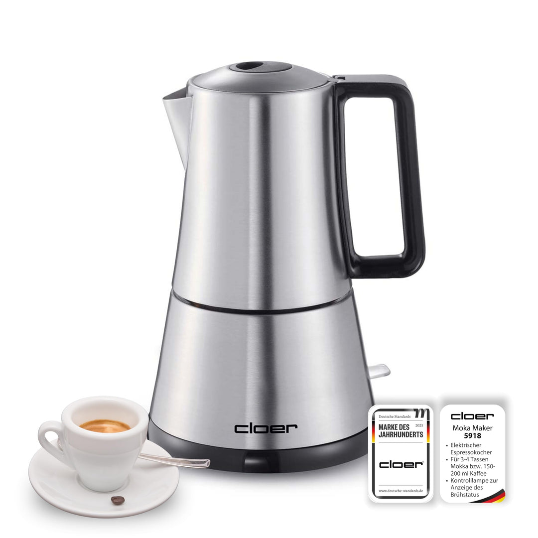 Cloer 5918 Moka Maker, "Espressokocher", 3-4 Tassen, Edelstahleinsatz, Sicherheitsabschaltung, Siche