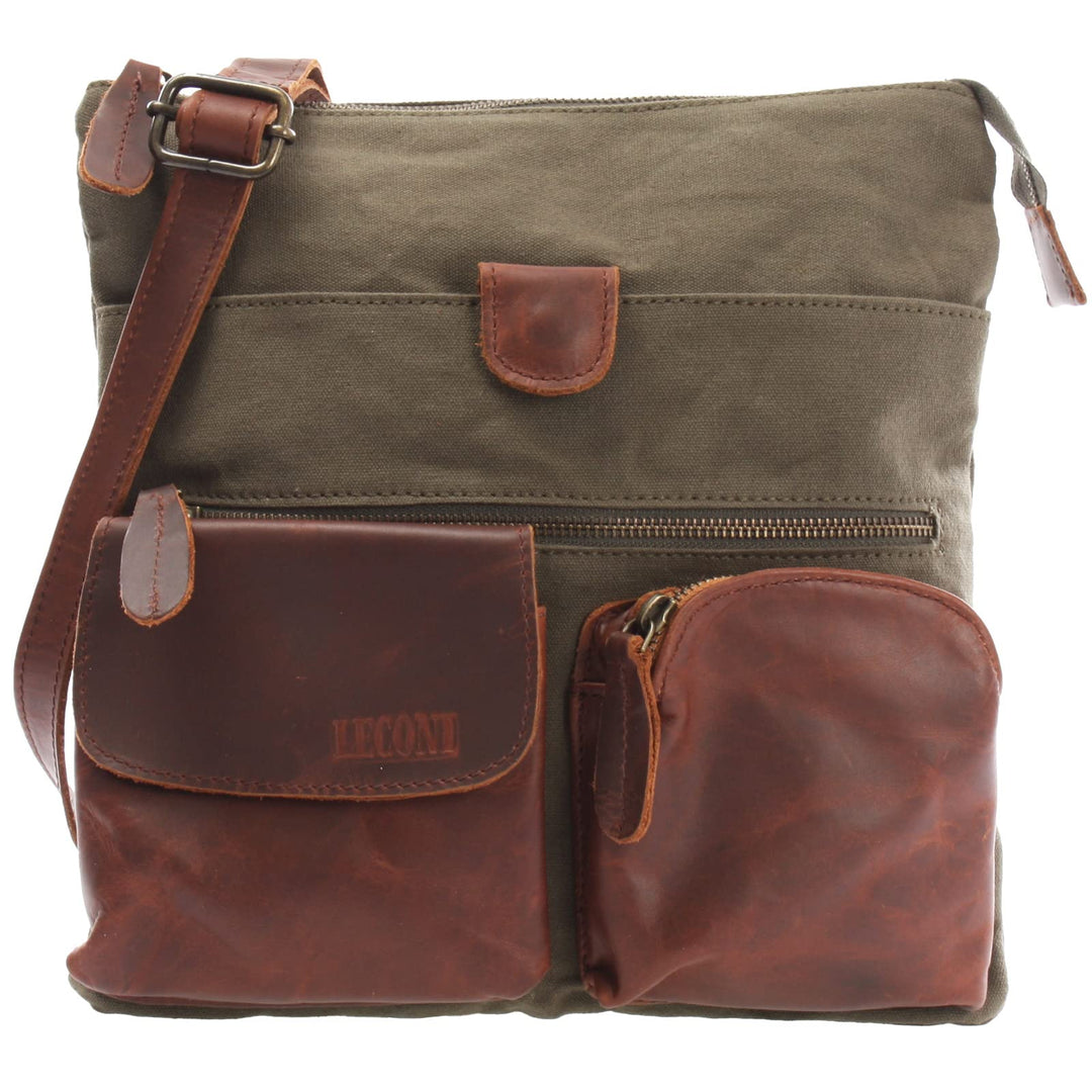 LECONI Umhängetasche Canvas &amp; Leder kleine Schultertasche Handtasche Damen + Herren Vintage Retro St