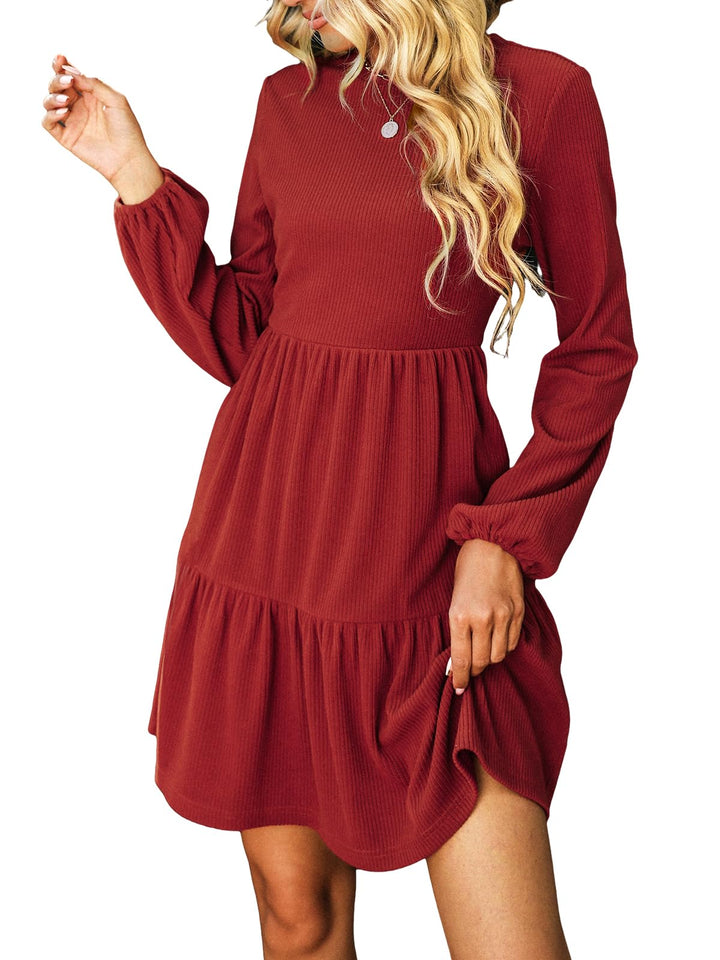 CUPSHE Damen Kleid Rundhals Langarm Volantsaum A Linien Herbst Winter Rippstruktur Kurze Minikleid F