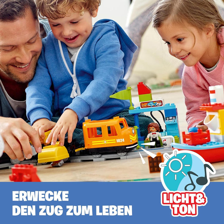 LEGO DUPLO Güterzug, „Push & Go“-Lok mit Lichtern und Geräuschen, Funktionssteinen und 2 Kranen, Spi