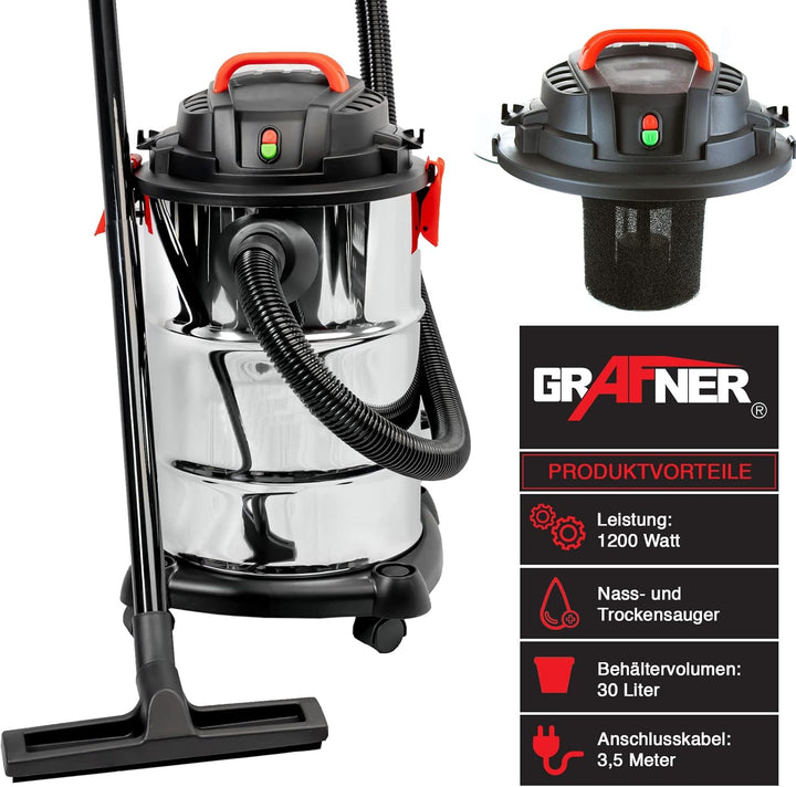 Grafner XXL Edelstahl Nass- und Trockensauger 1200 Watt, 30 Liter, incl. Vliesfilter, Saugrohr, Bode