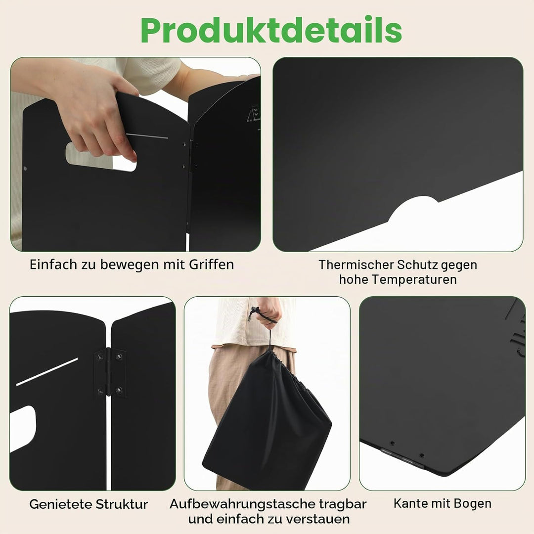 Campingkocher Windschutz Outdoor Windschutzscheibe:GEEKHOM 3-Panel Stahl Faltbarer Windblocker mit K