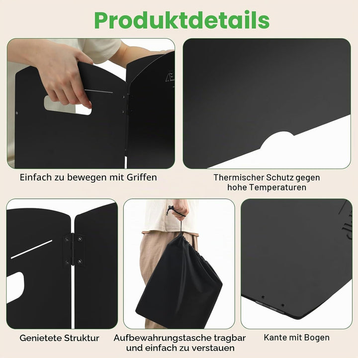 Campingkocher Windschutz Outdoor Windschutzscheibe:GEEKHOM 3-Panel Stahl Faltbarer Windblocker mit K