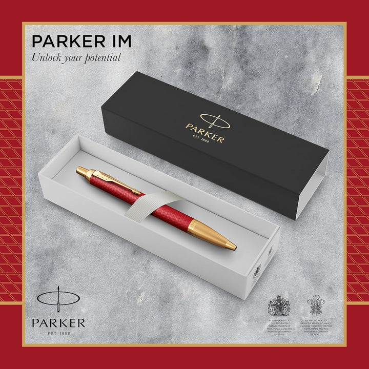 Parker IM Kugelschreiber, rote Premiumlackierung mit goldenen Zierteilen, mittlere Schreibspitze mit