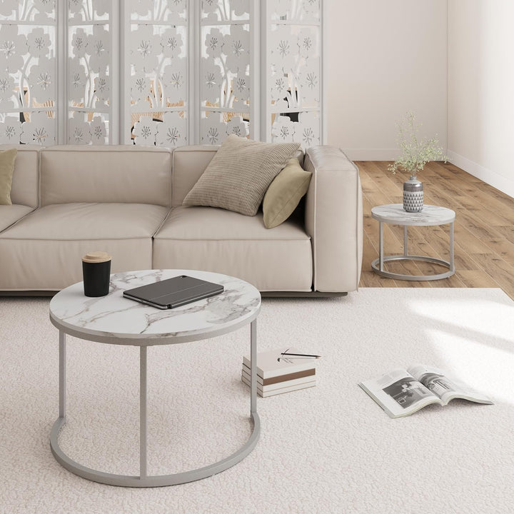 Marmor Couchtisch Rund Weiss, Wohnzimmertisch Weiss, Moderner Couchtisch Silber satztische fürs Wohn
