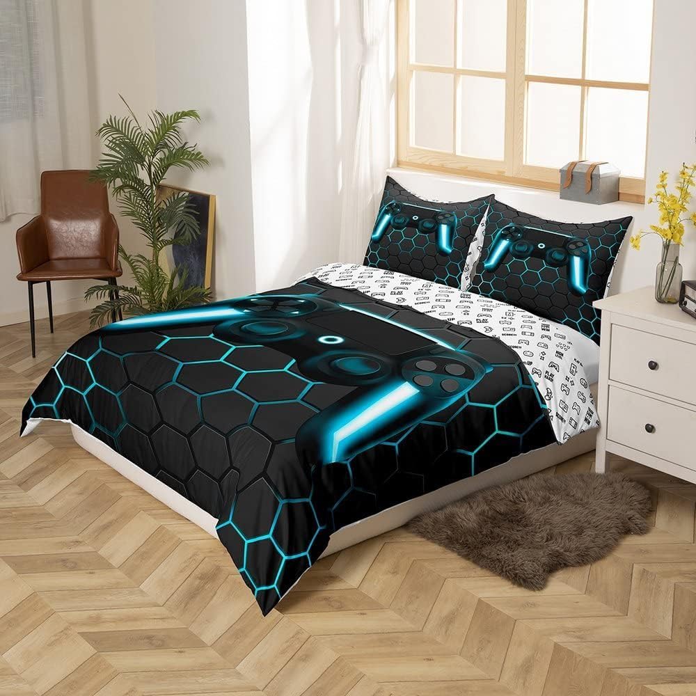 Gamer Bettwäsche Sets für Jungen,Gaming Bettbezug Set 220x240,Kinder Videospiele Trösterbezug,Geomet