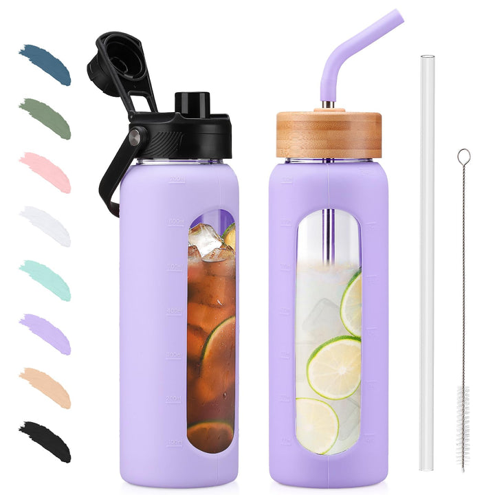 BLUEGO 700ml Glaswasserflasche mit Strohhalm und 2 Deckeln Kaffeetasse aus Glas mit Zeitmarkierung u