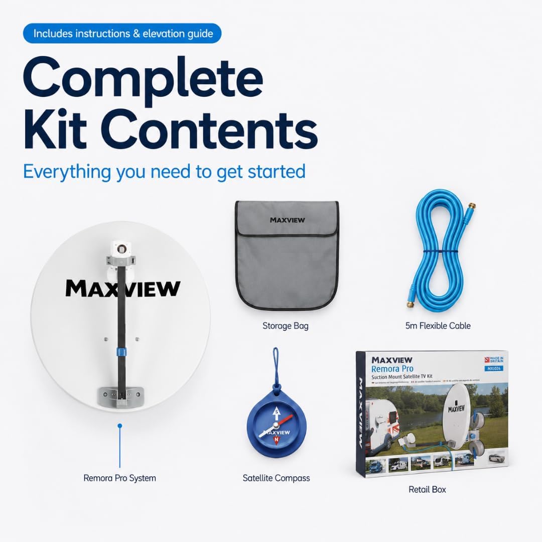 MaxView MXL026 Remora 40 Saugnapf-montiertes tragbares Satellitenfernseh-Set für Wohnwagen, Wohnmobi
