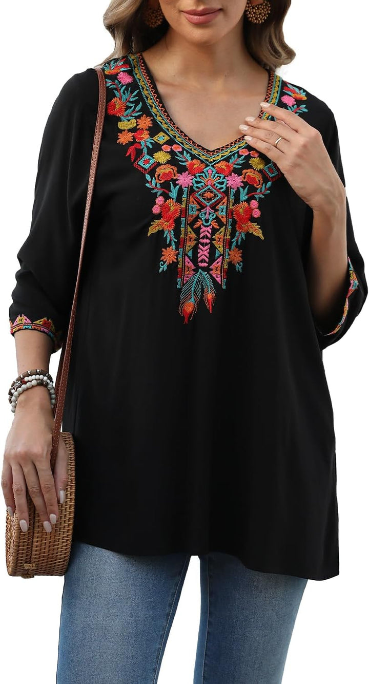 Seasonal Boho Tunika Damen Sommer Mexikanische Blumen Bestickt V-Ausschnitt Top 3/4 Ärmel Hippie Los