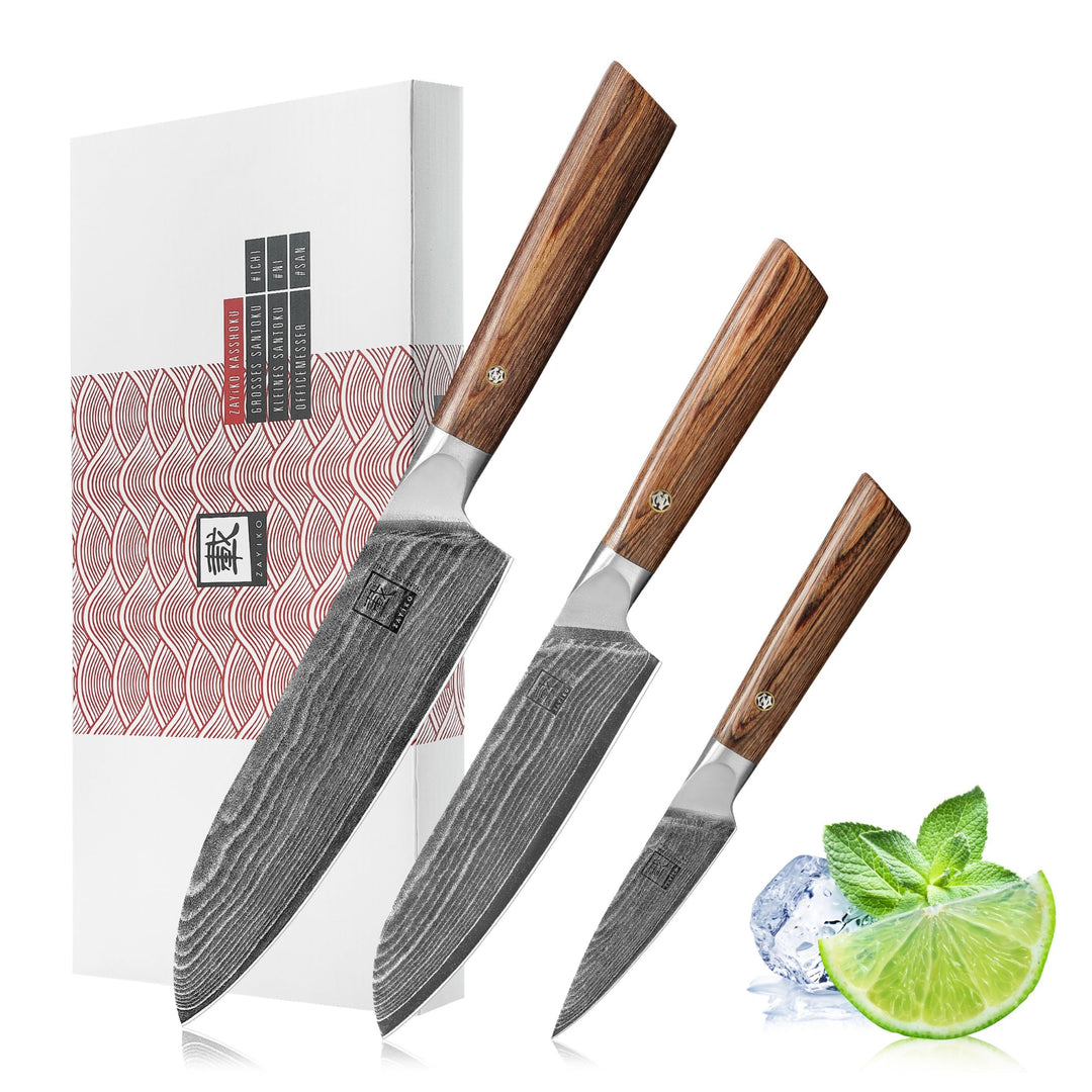 zayiko Kasshoku 3er Damastmesser Set mit Klingen von 9 bis 18 cm Länge, gefertigt aus 67 Lagen japan