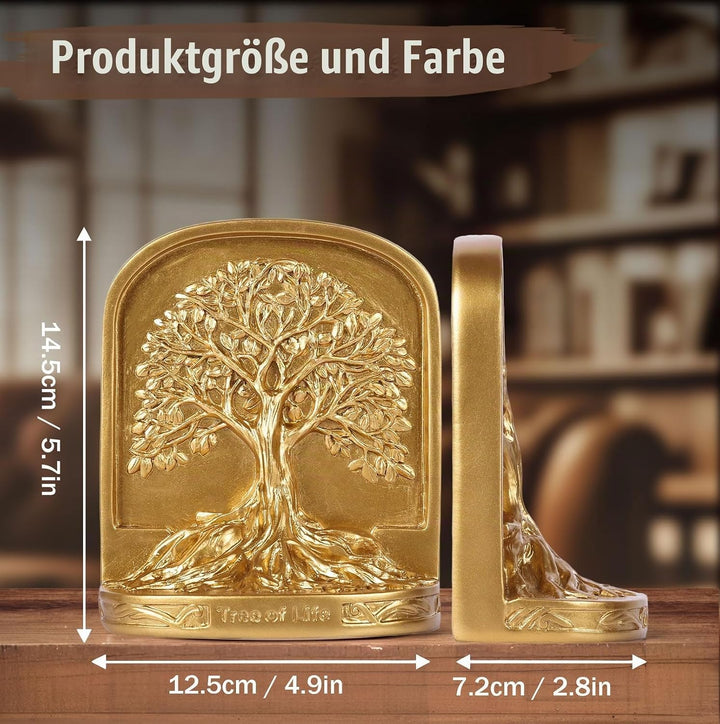 Buchstützen-Set, Baum des Lebens, goldfarben, 2 dekorative Buchstützen für Regale oder Bücherregal,