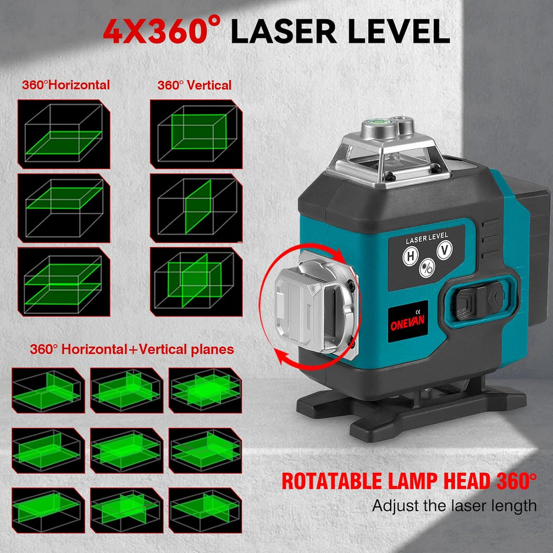 ONEVAN Kreuzlinienlaser mit Stativ, 4D 16 Linien Grün Laser Wasserwaage, Selbstnivellierend ±3°, 25m