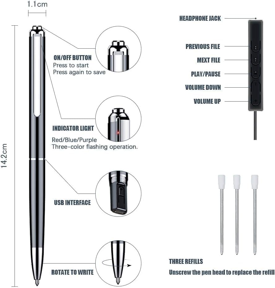 QZT 32 GB Voice Recorder Pen, Diktiergerät, 360-Grad-Soundaufnahme, HD Sprachaktivierter Rekorder, E